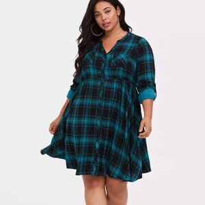 Torrid Mini Challis Button-Front Black and Teal Plaid Shirt Dress 1X